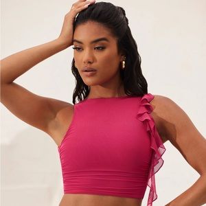 Open Back Ruched Ruffle Crop Top in Fuchsia